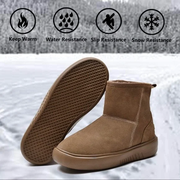 New Womens Winter Fur Lined Suede Ankle Snow Boots Brown - Picture 5 of 7